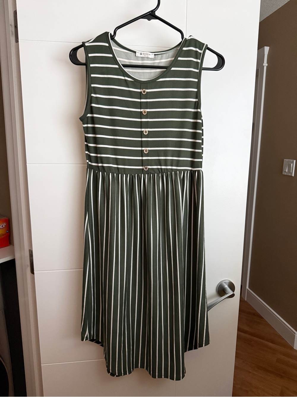 Striped Olive Green Sleeveless Midi Dress